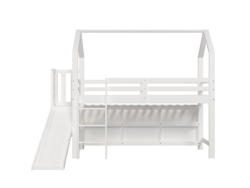  Lit enfant 90×200cm, multifonction, toboggan + escalier + étagère, bois massifmdf, blanc  - Conforama A