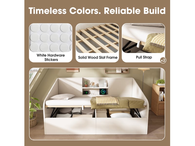  Lit banquette 90x200 cm – blanc – rangement hydraulique, étagères et station usbusb-c – sans matelas  - Conforama E