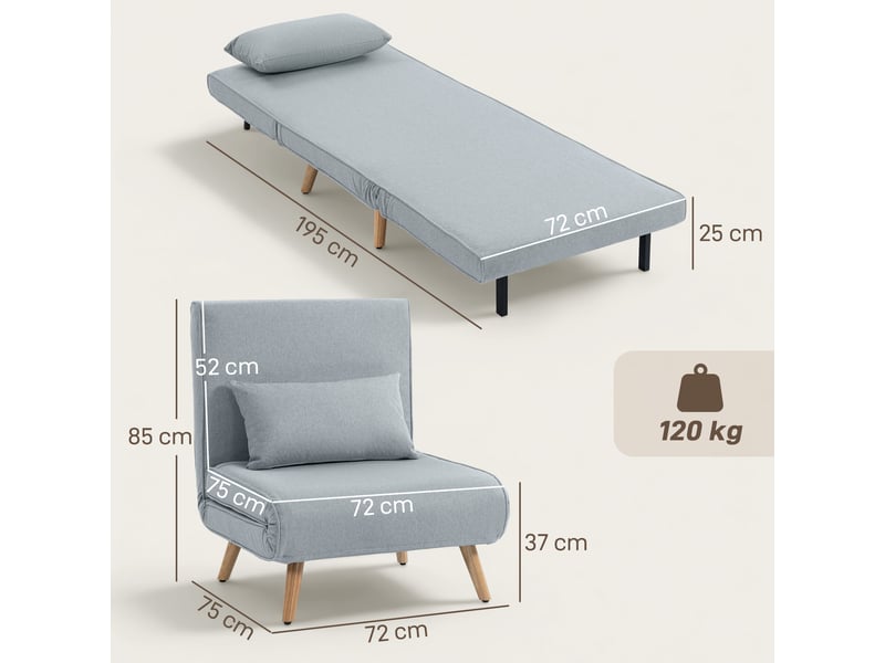  Fauteuil chauffeuse convertible 3 en 1 lit fauteuil lit 1 dossier place 5 positions en tissu avec coussin, gris  - Conforama C