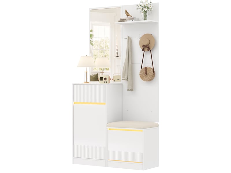  Vestiaire d'entrée avec miroir et banc led 105cm blanc  - Conforama A