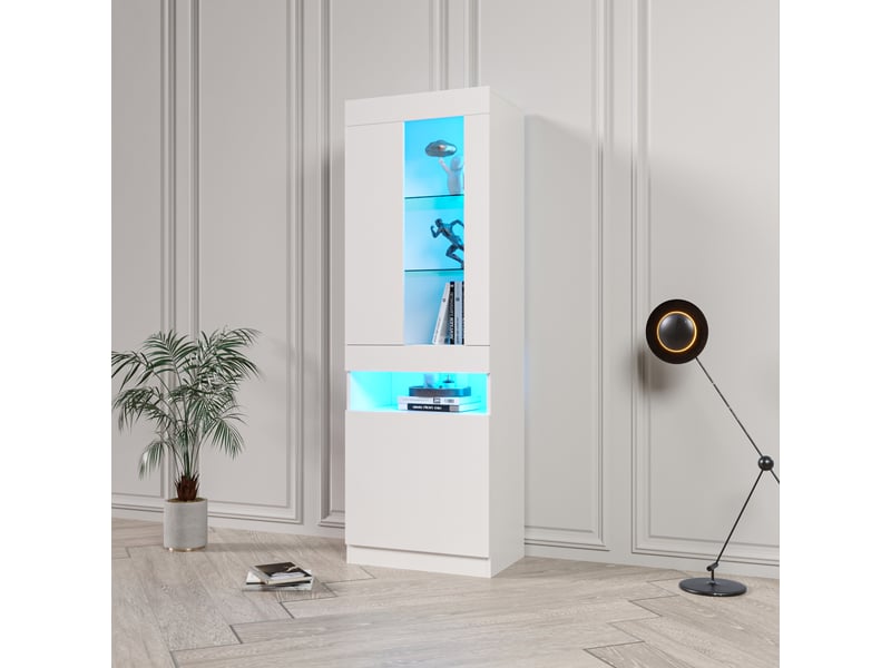  Vitrine buffet haut led avec 2 portes en blanc - meuble de rangement vitrine blanc - Conforama B