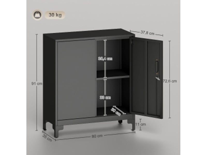  Armoire de bureau 80 x 35 x 91 cm noire en métal, 2 niveaux de rangement avec portes verrouillables  - Conforama C