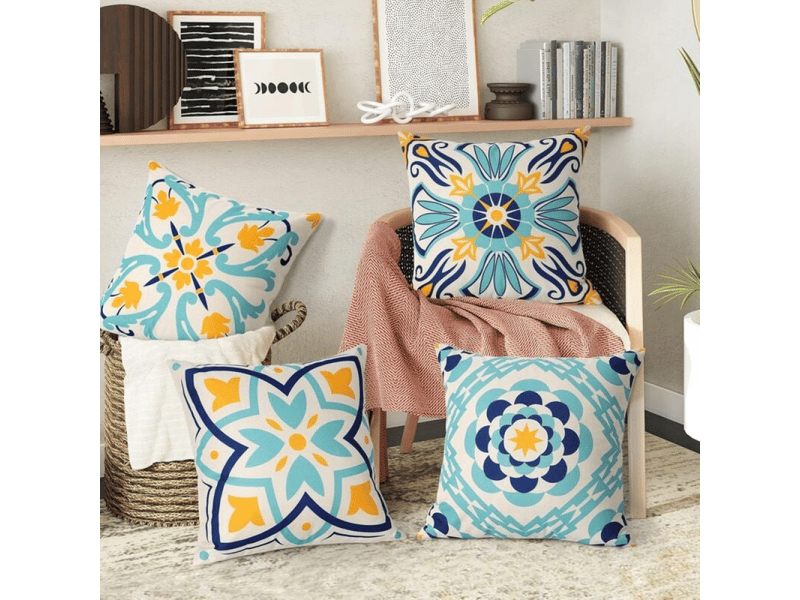  Lot de 4 housse de coussin - 45 x 45 cm lot de 4 taie d'oreiller extérieure imperméable imprimées florales housses de coussin boho farmhouse taie coussin canapé decoration pour terra, bleu  - Conforama C
