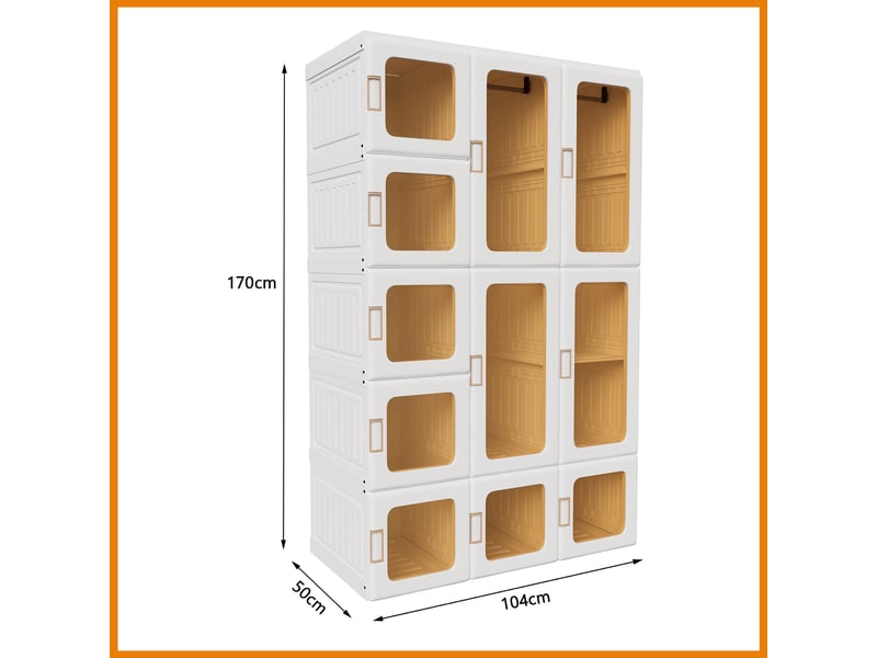 Armoire portable pliable, 15 cubes 11 portes 2 tringles, avec portes transparentes, 104x50x170 cm, corps en matériau pp, rangement chambre, blanc, plastique pp pet 12 cubes 8 portes 2 penderies, blanc - Conforama E