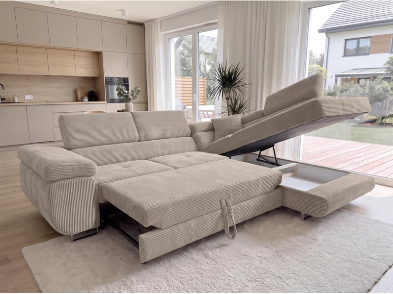  Canapé convertible 276 cm avec coffre et têtières – beige Konak - Conforama C