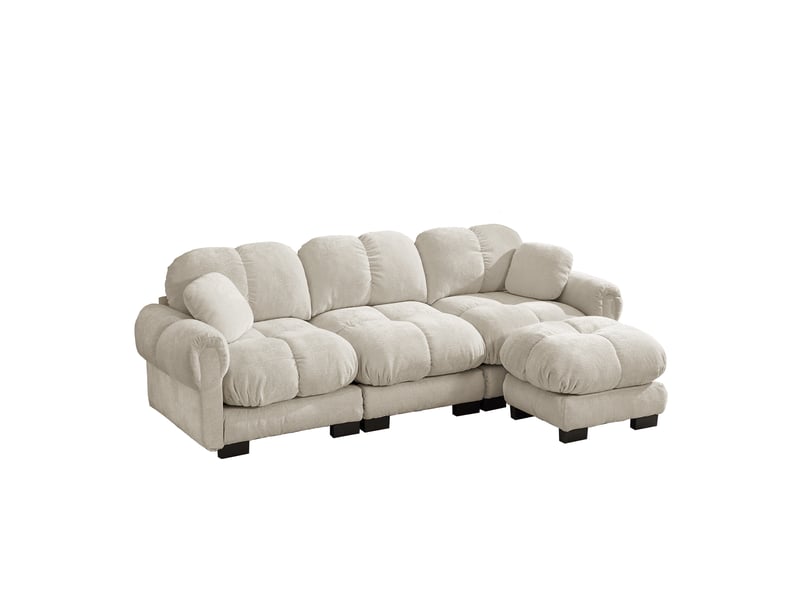  Canapé modulable 3 places 260 cm canapé droit en tissu chenille avec 1 pouf mobile, design matelassé, coussins épais, dossier ergonomique, kaki clair Seren Glow - Conforama A
