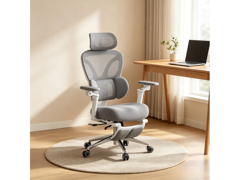  Chaise de bureau ergonomique pivotante avec repose-pieds, soutien lombaire et accoudoirs réglables en maille grise  - Conforama B