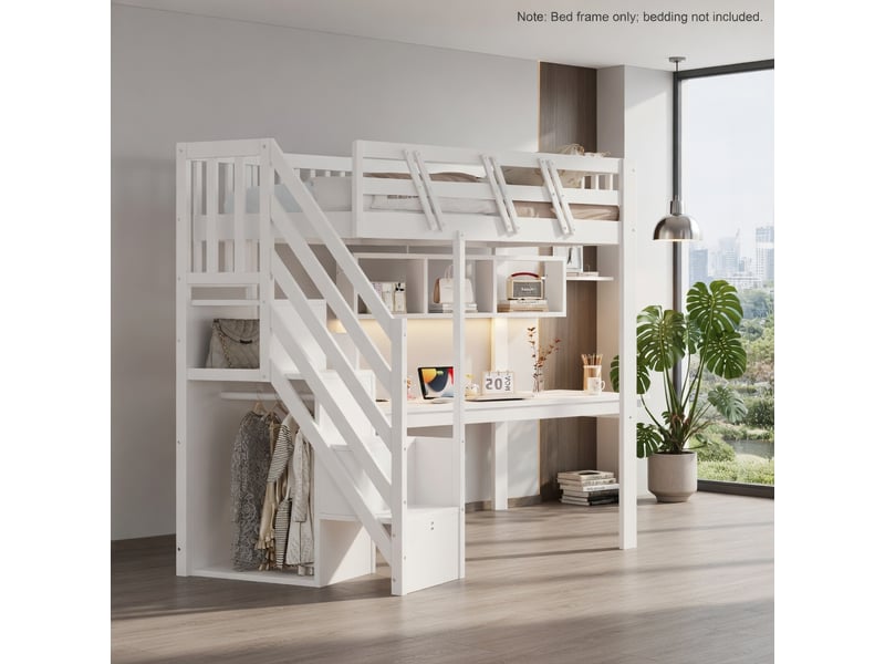 Gutenacht lit mezzanine bois 90x200cm, bureau, armoire, led, usb, blanc  - Conforama B
