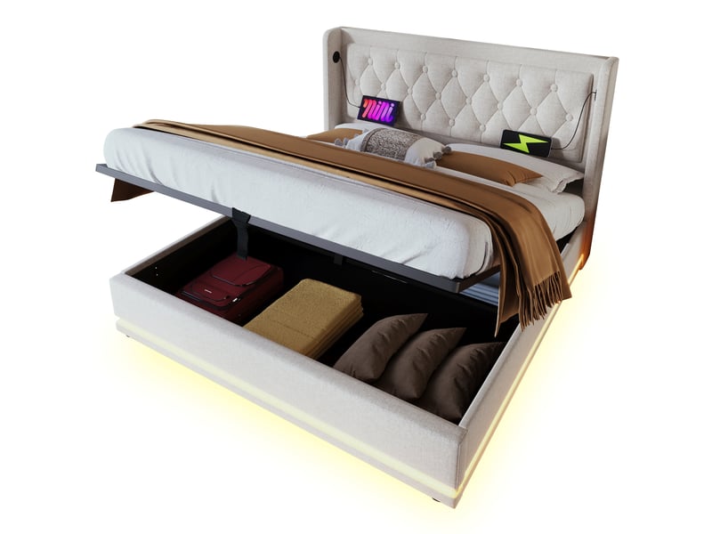 Lit coffre adulte 160x200 cm – beige – usb, type-c, led 3 côtés et matelas 7 zones à ressorts inclus - Conforama A