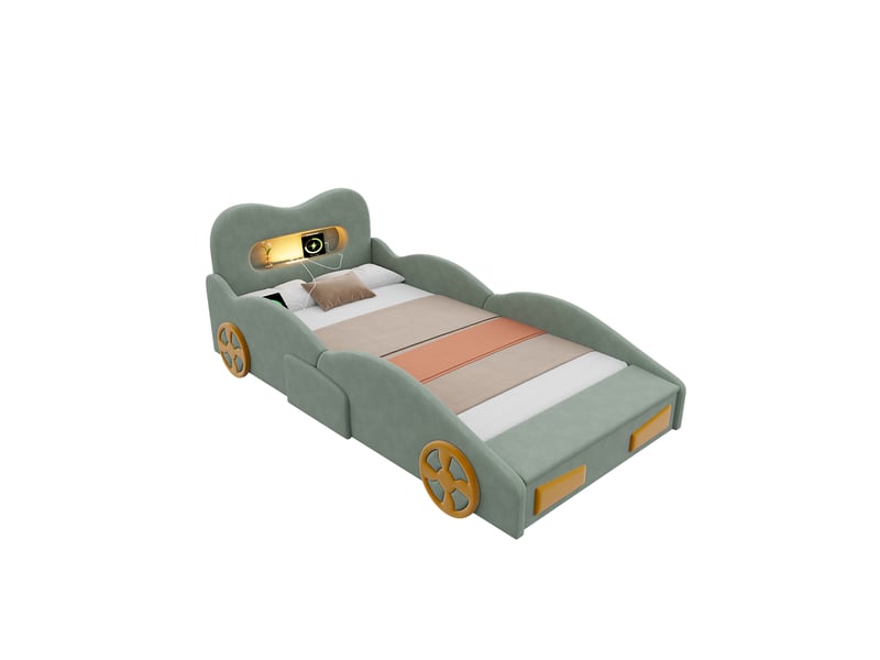  Lit enfant 90 x 200 cm avec coffre, led et port usb en velours vert  - Conforama R
