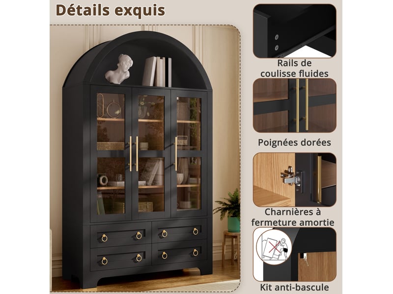 Buffet haut 110x40x185 cm, 3 portes vitrées, 4 tiroirs, niche arche, poignées aluminium, mdf et panneaux de particules noir - Conforama E