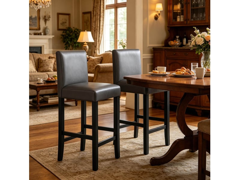  Lot de 2 tabourets de bar avec dossier haut et repose-pieds, style industriel en similicuir, bois et mousse noir et gris  - Conforama D
