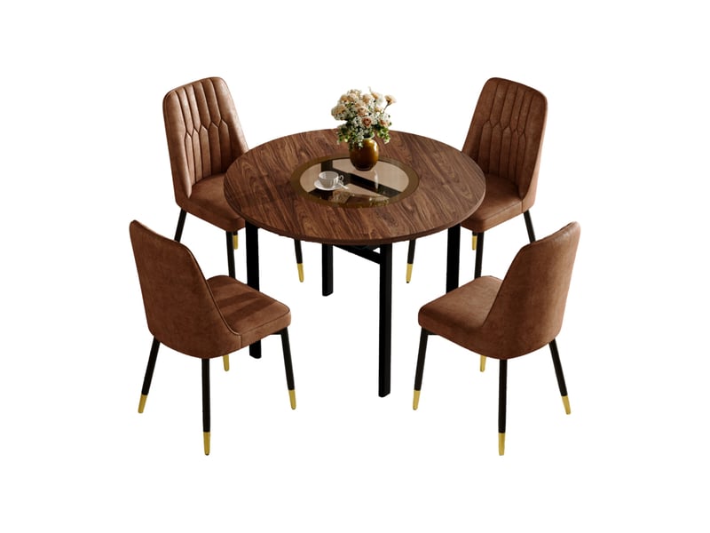  Ensemble table et chaises avec 1 table et 4 chaises  - étagère en verre - mdf, métal et tissu - marron et noir  - Conforama A