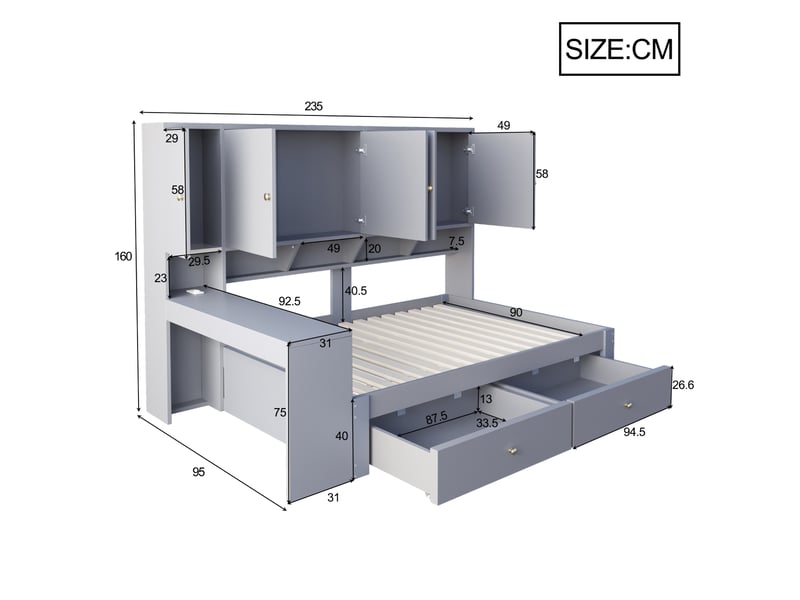  Lit enfant 90x200 cm lit simple avec bureau intégré et compartiments, tiroirs, éclairage led et prises, gris, sans matelas  - Conforama C