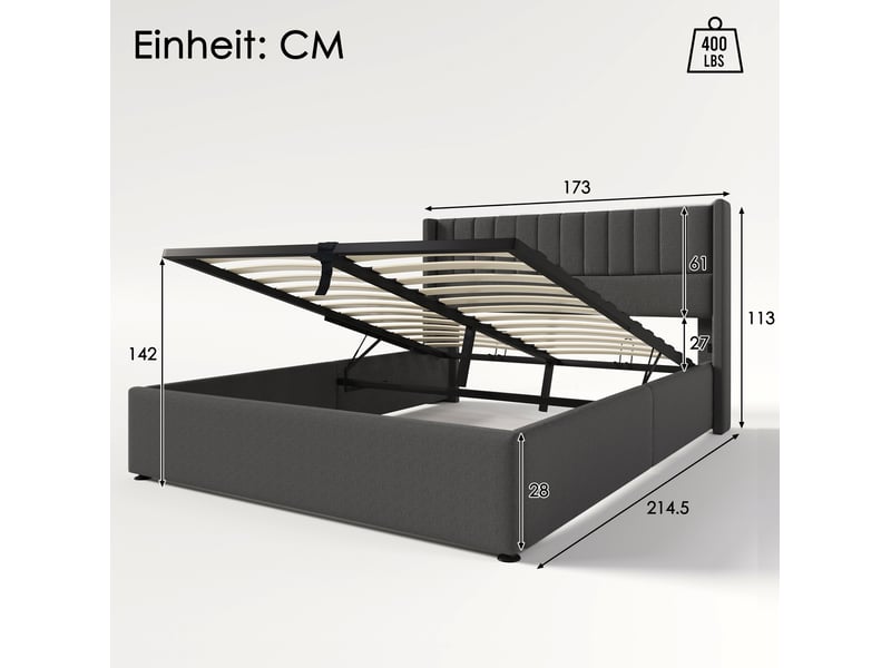  Lit coffre adulte 160x200 cm – gris – sommier relevable hydraulique et grand rangement – sans matelas  - Conforama B