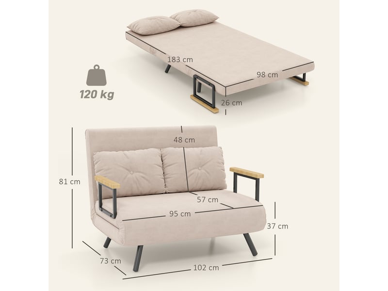 Canapé convertible 2 places en velours avec 2 coussins beige et noir 102 x 73 x 81 cm - Conforama C