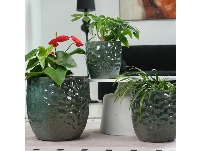  Pot de fleurs en céramique ø38 cm vert foncé brillant à relief martelé, avec trou de drainage, intérieur et extérieur  - Conforama B