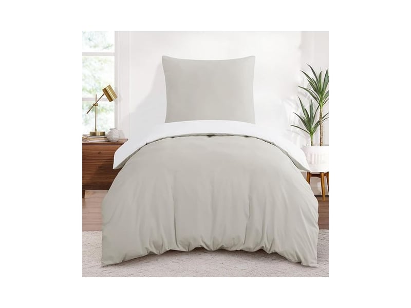  Housse de couette 140x200 réversible avec taie d'oreiller 65x65 cm beige blanc - parure de lit 140 x 200 adulte personne microfibre couette avec fermetures éclair  - Conforama A