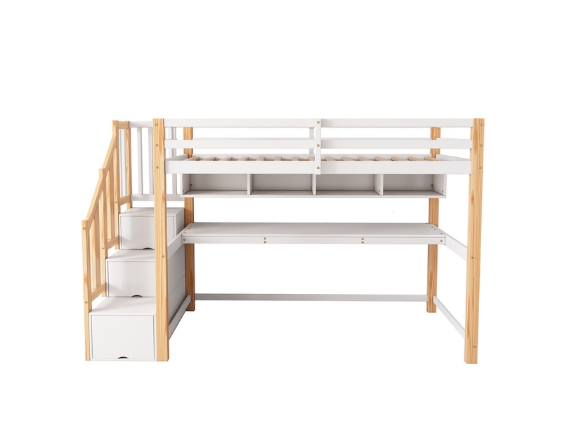  Lit mezzanine,90x200 cm,avec bureau,échelle rangement,bois massif,blanc et chêne  - Conforama A