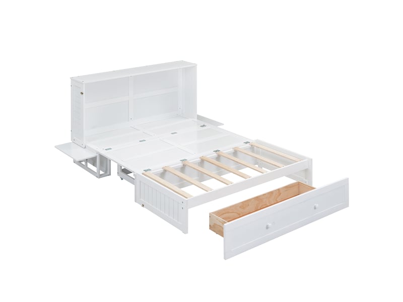  Lit escamotable 140x200cm, lit adult, lit double, lit d'appoint, avec étagères, tiroir, pin + mdf blanc, sans matelas  - Conforama W