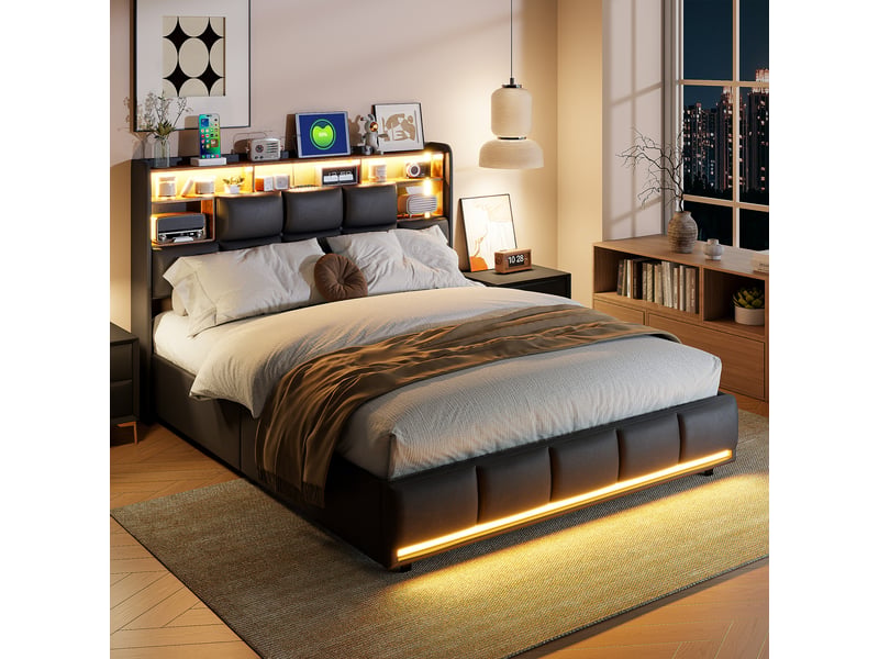  Lit coffre 140x190 cm avec led et usb,lit adulte rembourré, hydraulique, cadre de lit double 140x190 cm, noir, pu  - Conforama W