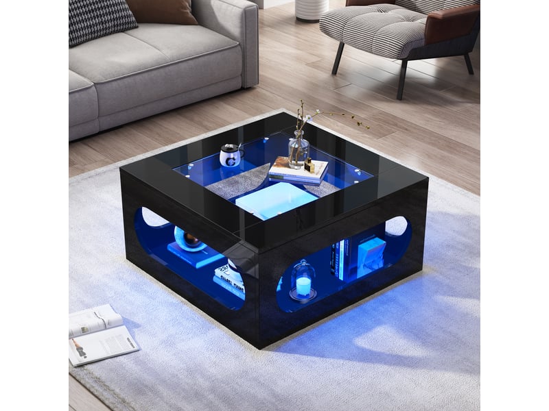 Table basse carrée 70x70x35 cm, table de salon led avec plateau en verre trempé, design creux, noir  - Conforama W