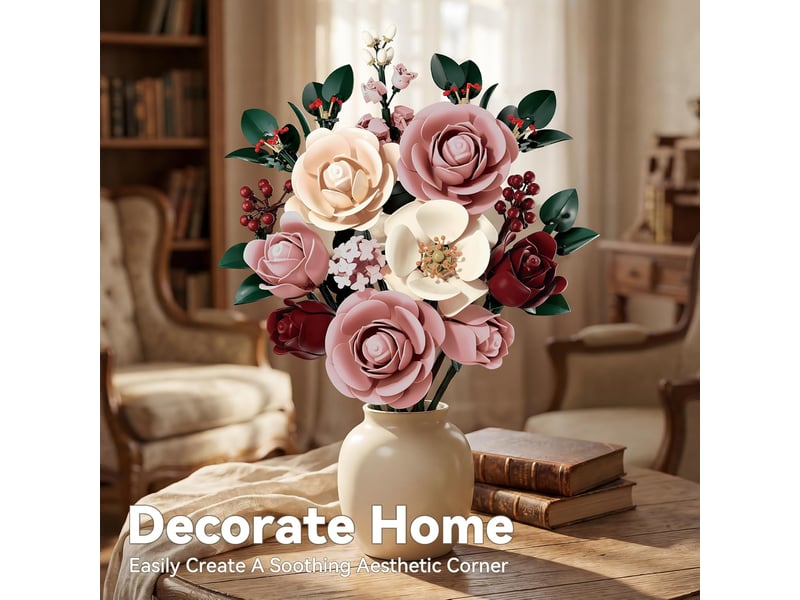  645 pièces bouquet de roses en blocs de construction, fleurs roses à monter, décoration maison et bureau, cadeau créatif  - Conforama C