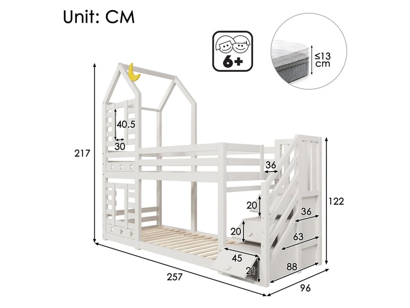  Lits superposés 90x200 - design cabane avec étoiles et lune - lit superposé enfant - escalier de rangement et 2 tiroirs - blanc  - Conforama C