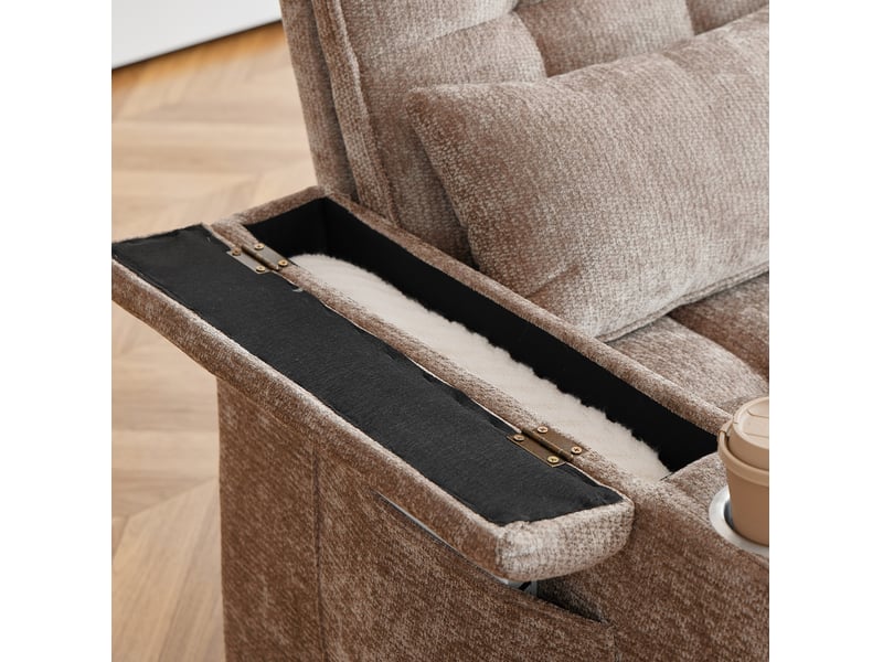  Canapé convertible modenvie 3-en-1 142 x 89 x 89 cm en chenille marron avec rangements et porte-gobelets  - Conforama E