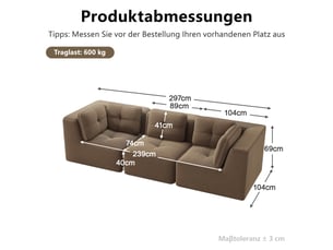 Canapé d’angle modulable marron 3 places en velours côtelé, canapé à assise profonde de 74 cm, sans montage pour salon