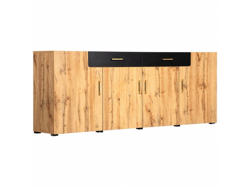 Buffet 4 portes et 2 tiroirs, meuble de rangement 208 cm, effet chêne et noir - Conforama B