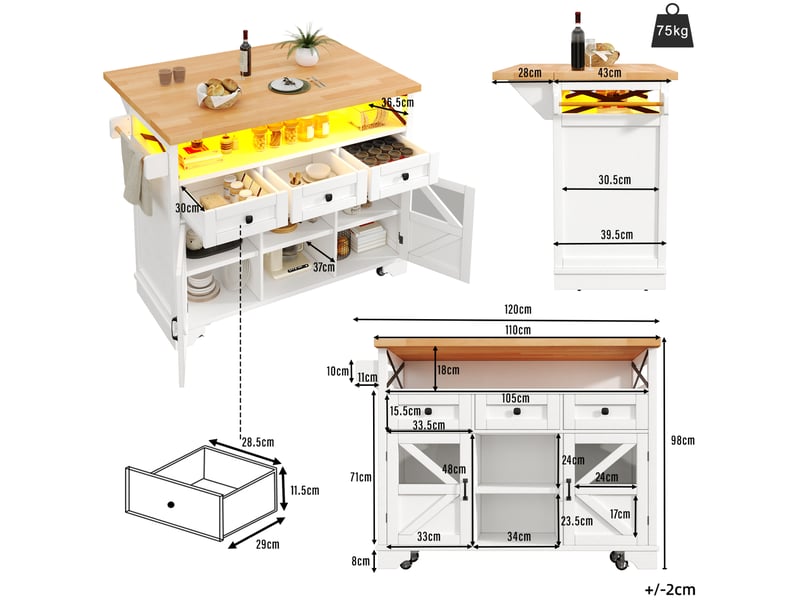  Desserte de cuisine 120x71x98 cm avec table rabattable, led commandée par application, métal et mdf blanc  - Conforama C