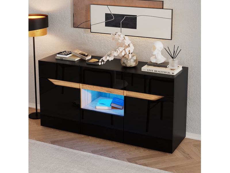  Buffet de salon noir et bois naturel avec led, 4 tiroirs et 2 placards - 140 x 40 x 70 cm  - Conforama B