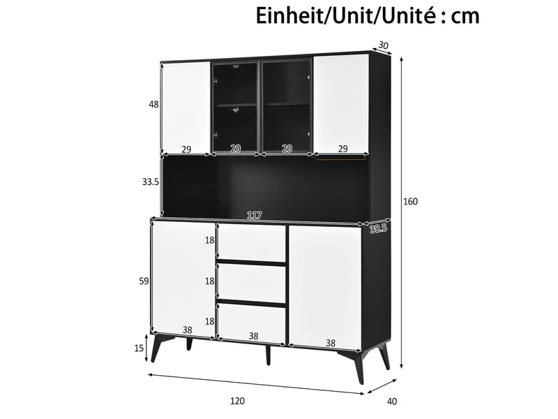  Vaisselier avec vitrine 120 x 40 x 160 cm – noir et blanc – led réglable via application, 3 tiroirs  - Conforama C