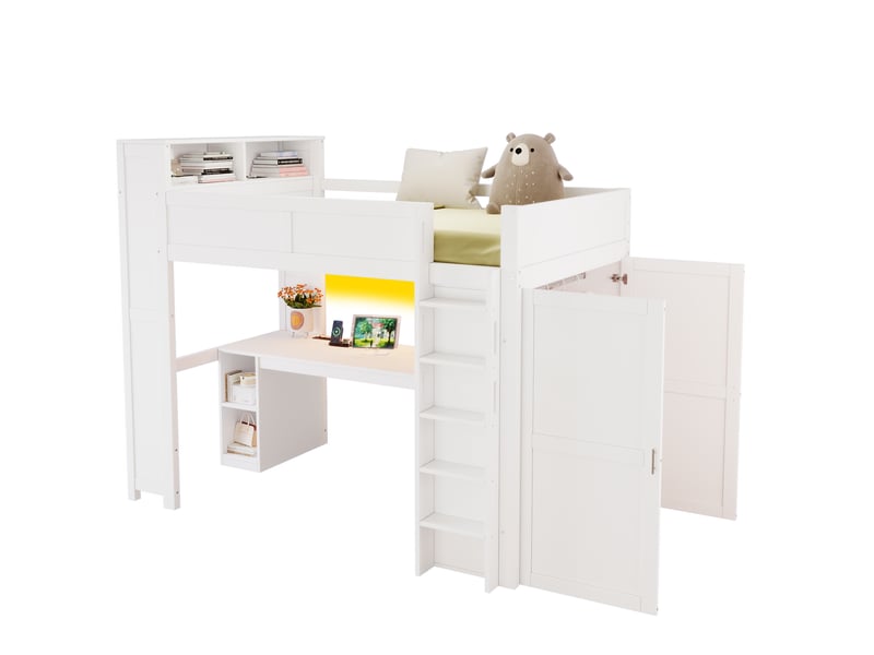  Lit mezzanine modenvie 90 x 200 cm avec bureau, rangements, armoire, led et port usb blanc  - Conforama A