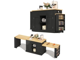Îlot de cuisine extensible avec double plan de travail, chariot de cuisine mobile sur roulettes, 142-340cm, noir