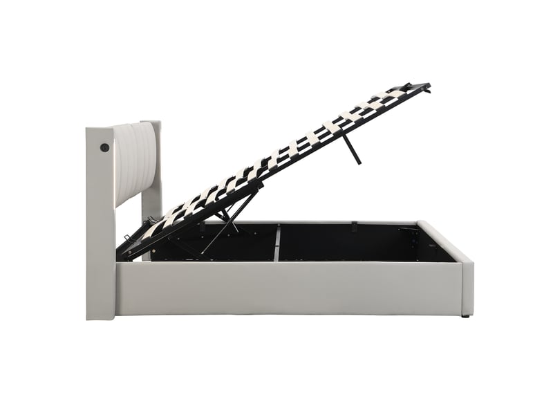  Lit rembourré 140x190 coffre hydraulique led usb tête réglable pu gris  - Conforama E