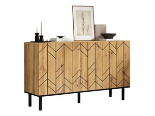 Buffet et enfilade à 3 portes fermées, façades ondulées et pieds métal, pour salon, bois naturel, 120 × 35 × 70 cm