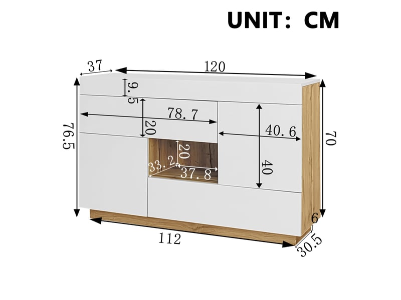 Buffet avec led 120x37x76,5 cm, 2 tiroirs et 2 portes, meuble de cuisine, salon, rangement, panneau de particules blanc - Conforama C