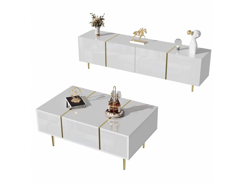  Meuble tv et table basse en mdf blanc laqué avec portes à fermeture douce  - Conforama D