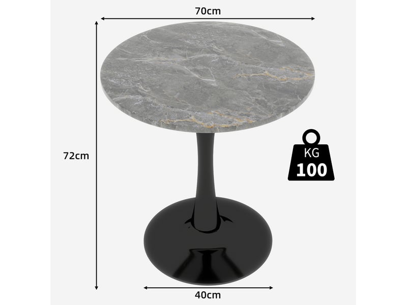  Table ronde 70x70x72 cm, 2 places, plateau veiné, pied central, marbre artificiel, noir et gris  - Conforama C