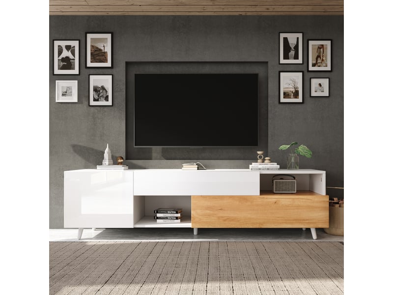  Meuble tv 180x38x50 cm, finition brillante, tiroir, placards et niches, panneau de particules, blanc et bois naturel  - Conforama B