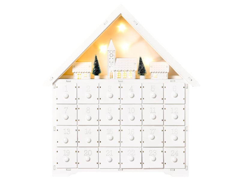  Calendrier de l'avent en bois à remplir, avec 24 tiroirs et village de noël décoré de sapins et de lumières, 39 x 9 x 42 cm  - Conforama B