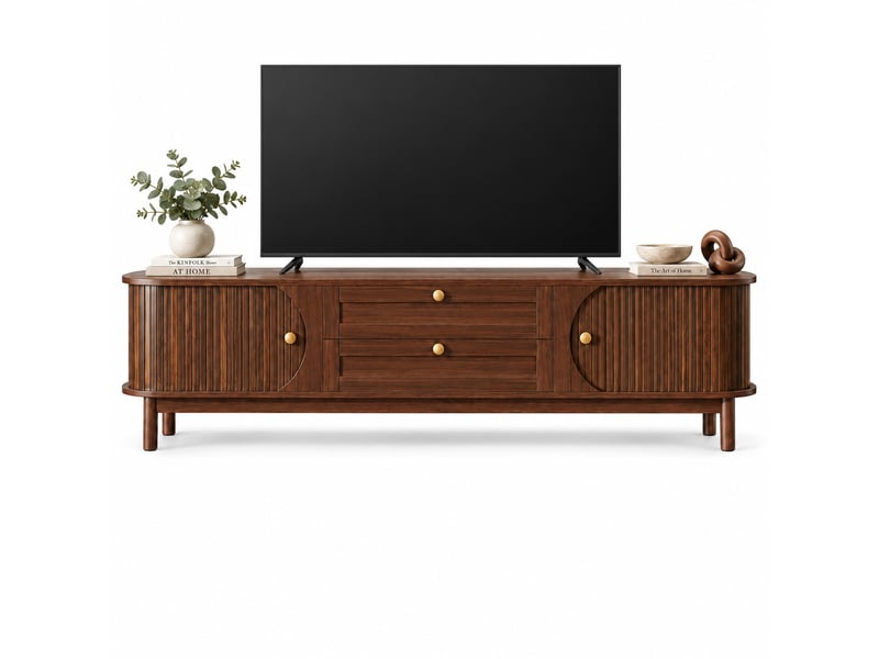  Meuble tv 170 cm avec tiroirs et rangements, coins arrondis et pieds en bois - effet bois  - Conforama A