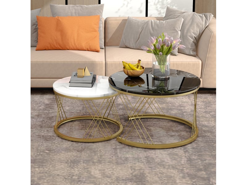  Lot de 2 tables basses gigognes rondes 70x4545x40 cm effet marbre noir et blanc  - Conforama E