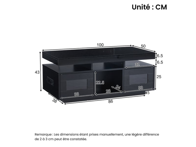  Table basse avec 2 portes 2 niches led et prise usb, plateau brillant, pour salon bureau, en panneaux, noir - uvrion  - Conforama E