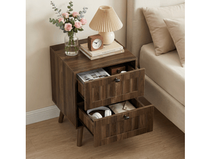 Table de chevet 43,5x40x57,5 cm, 2 tiroirs, design rétros, meuble chambre, style moderne, mdf aggloméré, couleur noyer