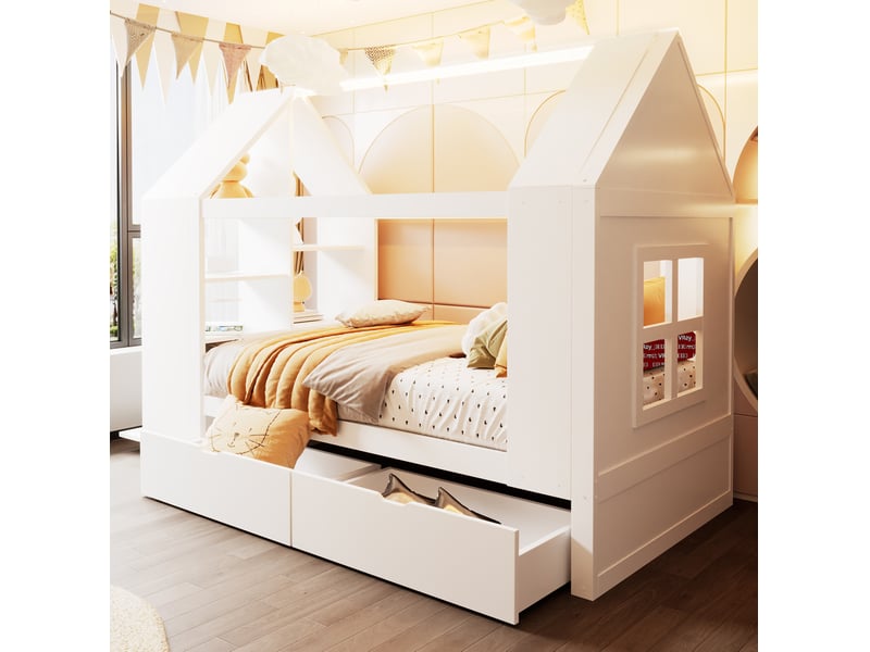  Lit enfant 90x200 cm avec rangements et led en bois blanc  - Conforama D