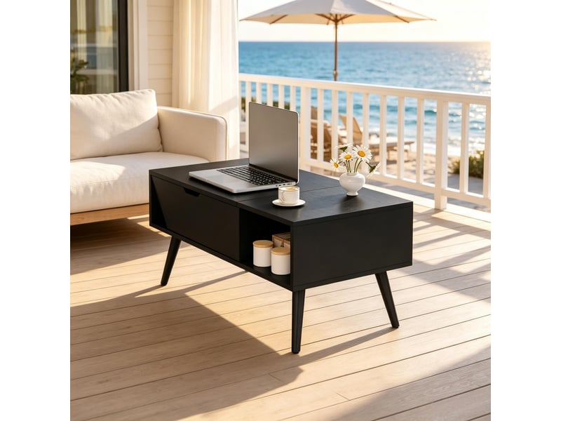  Table basse avec plateau relevable, table de salon multifonction en bois noir, 100x50 cm, grand espace de rangement caché  - Conforama C
