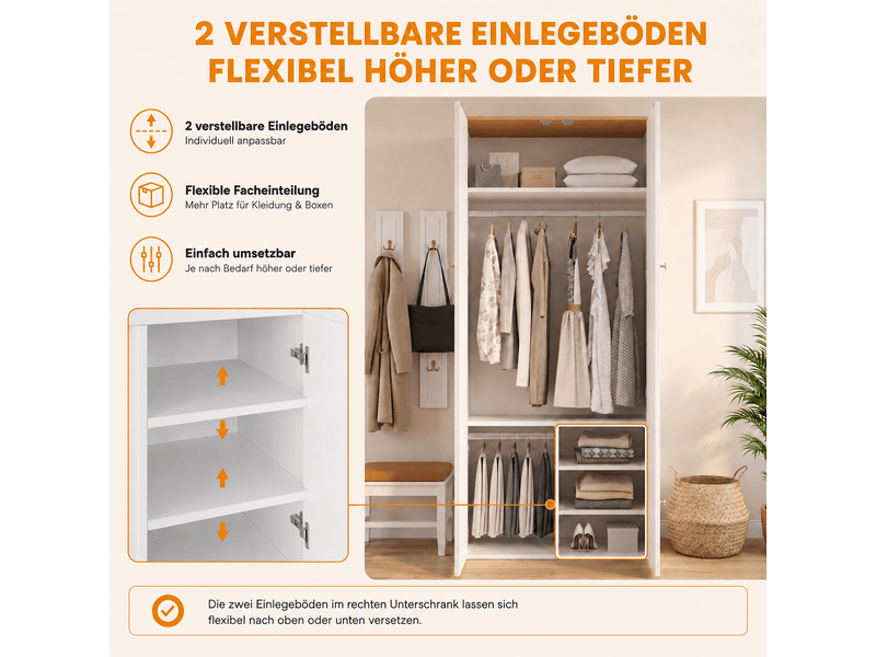  Armoire penderie 90x50x200cm,meuble de rangement avec tringles et 4 étagères,portes battantes,blanc ABC - Conforama C